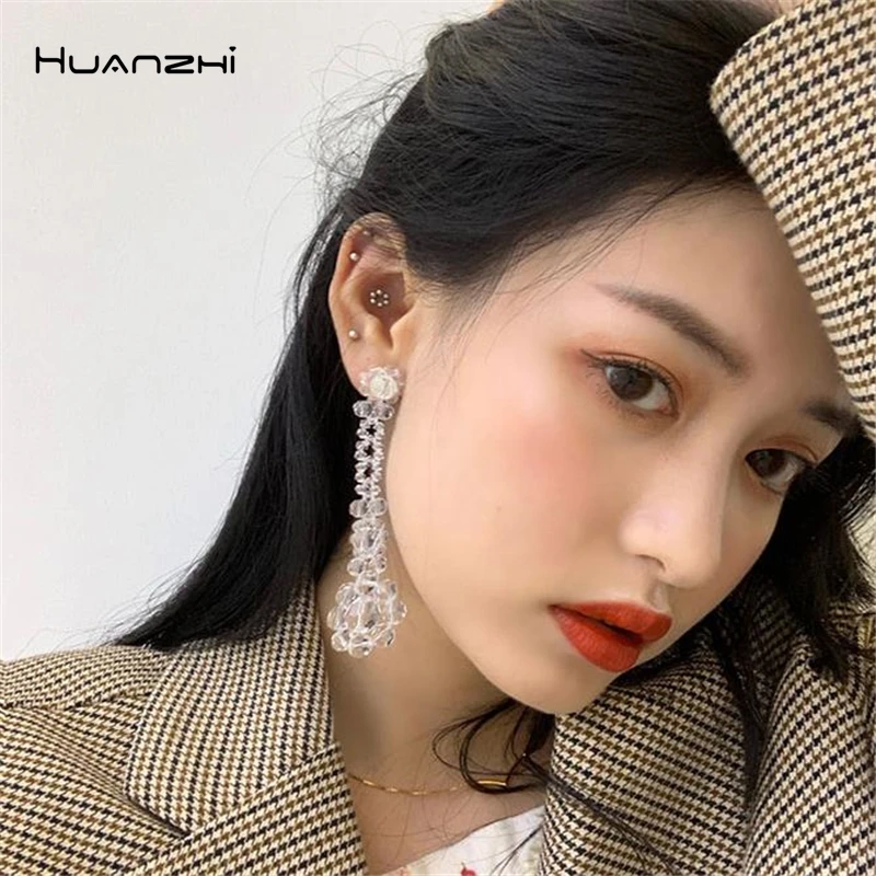 HUANZHI корейский S925 Серебряные иглы прозрачные хрустальные бусины бисер цветок ручной работы серьги гвоздики для женщин девушек Вечерние