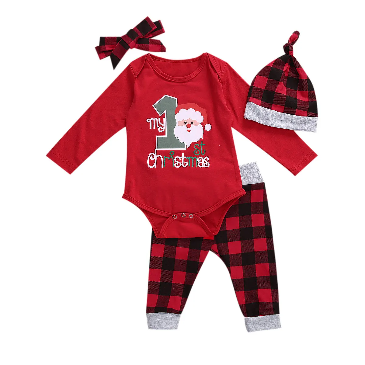 

Emmababy Newborn Baby Clothes Christmas O-Neck Long-Sleeves Rompers Top Red-Black Plaid Pants Hat Headband 4Pcs Christmas Set
