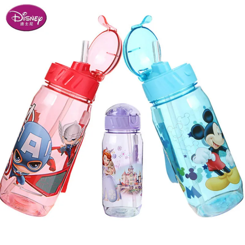 

450ml Disney Mickey Minnie Mouse Children's Plastic Cup Straw Snow White Captain America Sport Bottles Princess Sophia Kids Gift