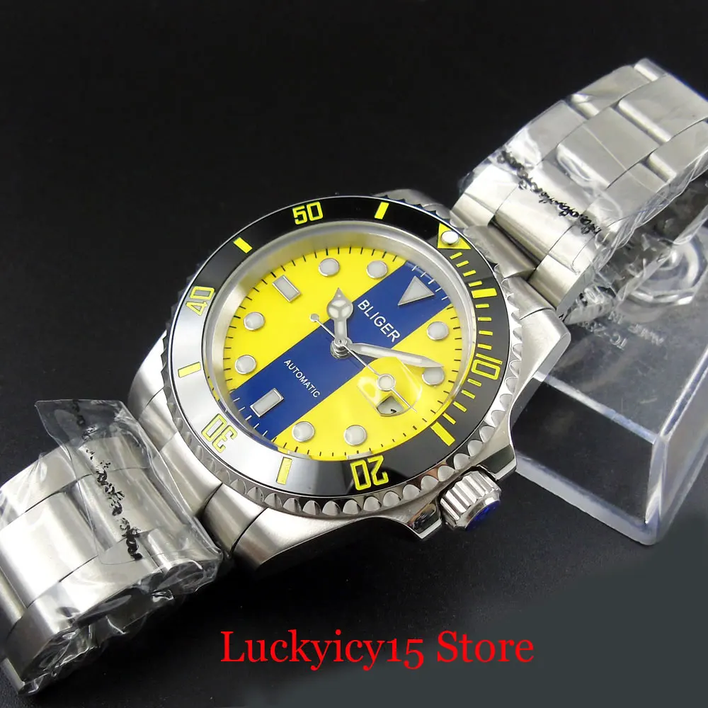 Dress BLIGER Mechanical Wristwatch Yellow Dial Mental Strap Sapphire Glass Ceramic Bezel Date Window MIYOTA Movement  40mm