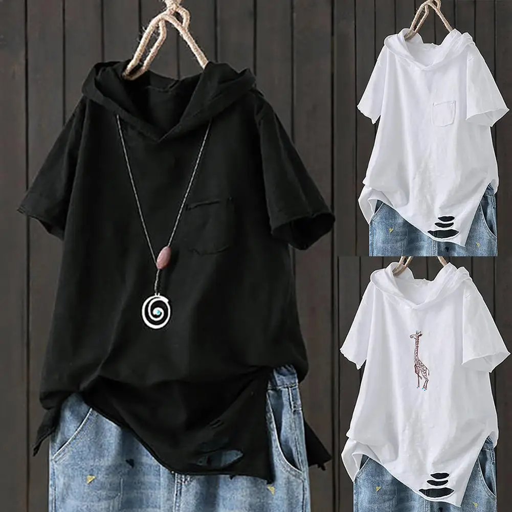Women Casual Solid Color Short Sleeve Ripped Giraffe Print Loose T-shirt Hoodie