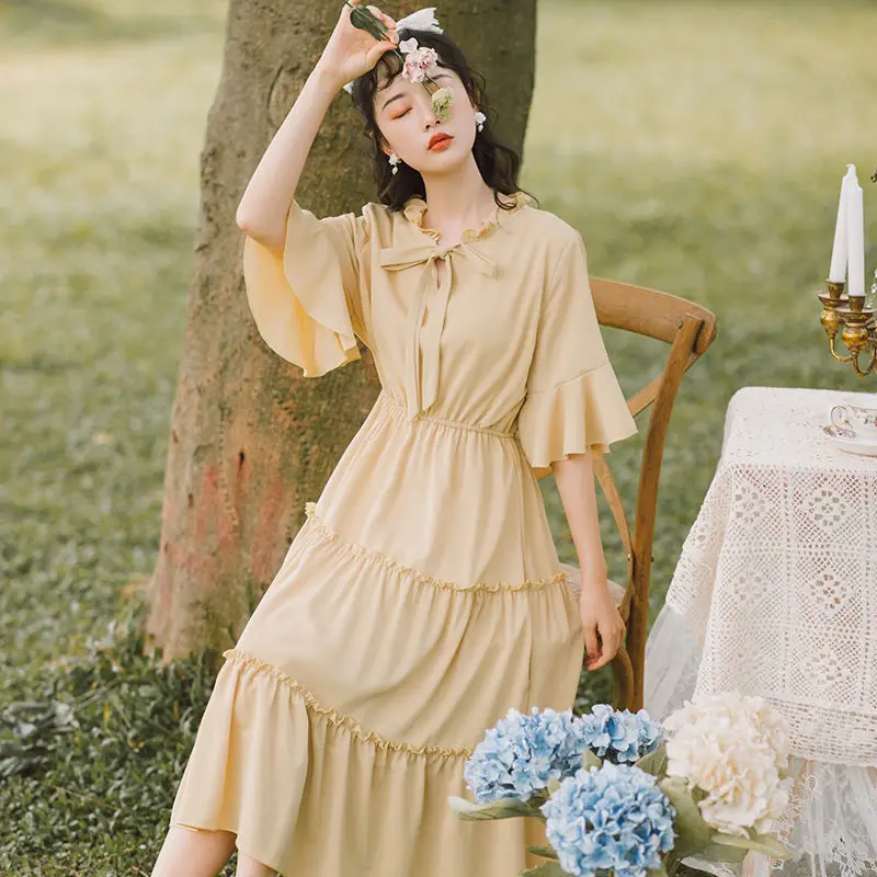 Французский стиль Vestidos женственность Длинные платья Тонкий элегантный бант