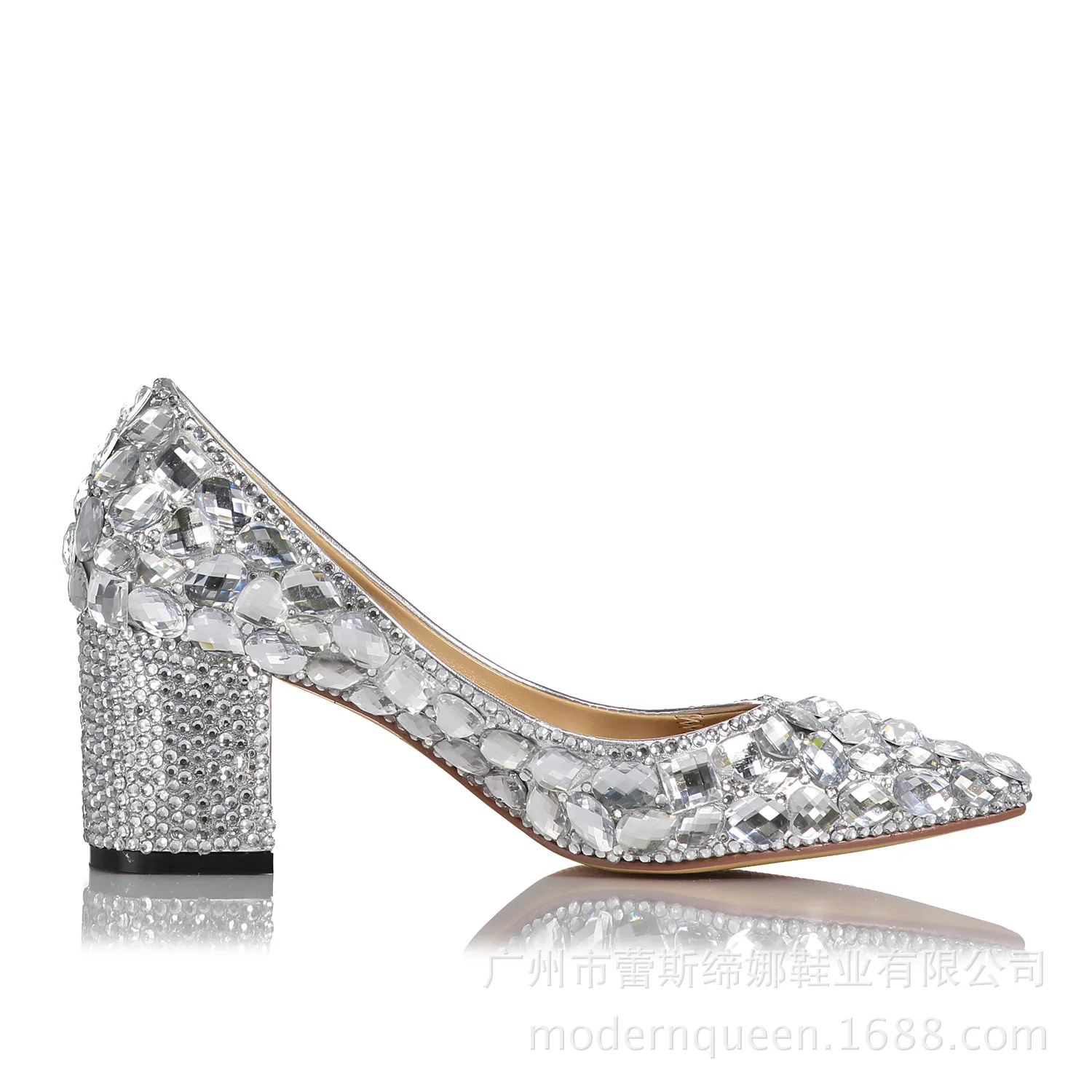 

Fashion Silver Color Crystal Chunky Heel Pointed Shallow Women Bridesmaid Bride Evening Semi-High Heeled Wedding Shoes Women