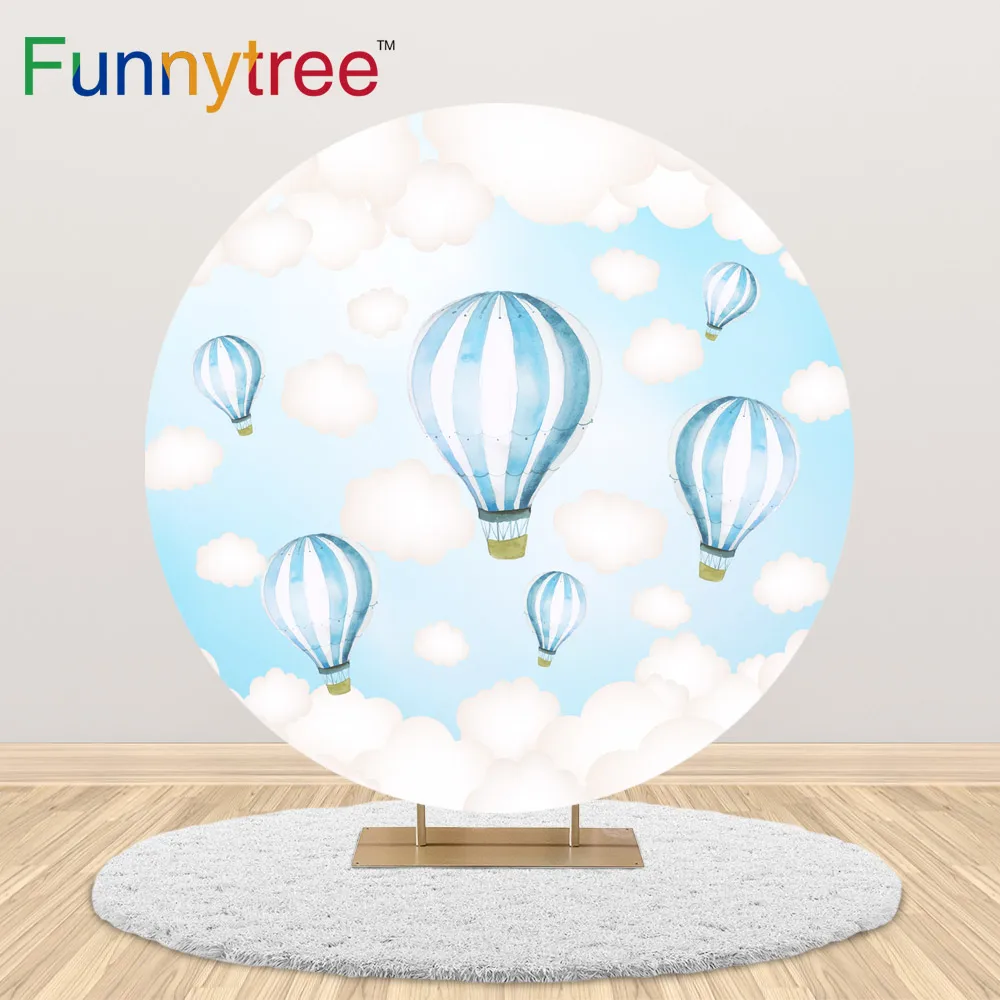 

Funnytree round backdrop cover hot air balloon baby shower baptism sky cloud child birthday party custom background photophone