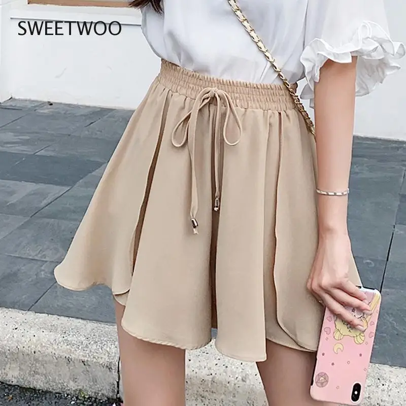 

2021 Spring Summer Women Korean Style Khaki Black Chiffon Ruffules High Waist Sun School Mini Shorts Skirt Female