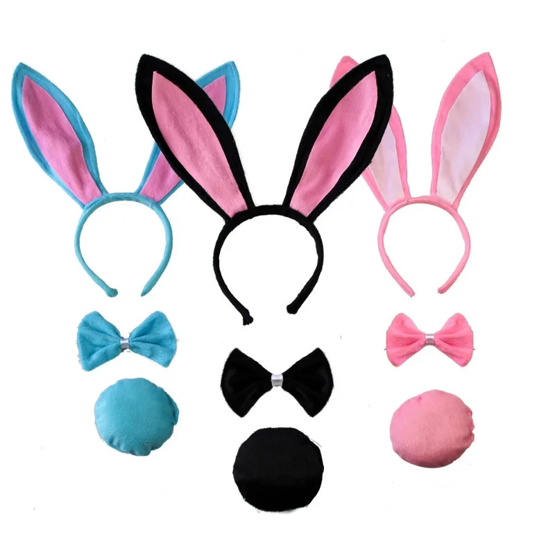 

Black White Pink Easter Bunny Girl Headband Sets With Hairband Bow Tie Round Tail Big Rabbit Ear Party Hairband For Adult Kid