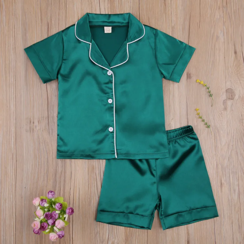 

Newest Children Two-Piece Nightwear Set Solid Color Short Sleeve Turn-Down Collar Tops Shorts Imitation Silk Pajamas Suit