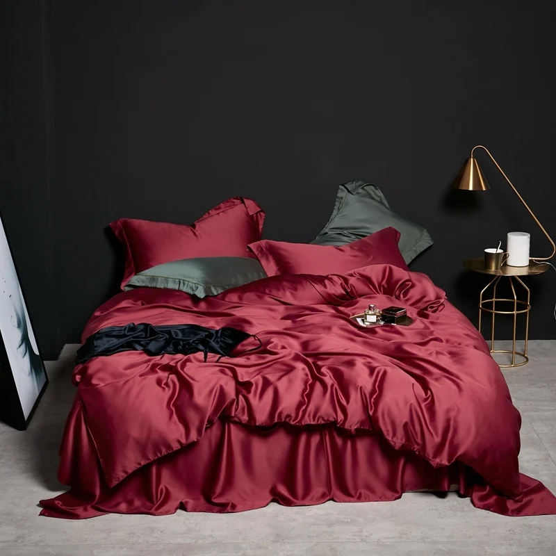 

Dark Wine Red Solid Color Elegent Bedding Set Luxury Tencel Silk Queen king size Duvet Cover Bed sheet set Breathable Ultra Soft