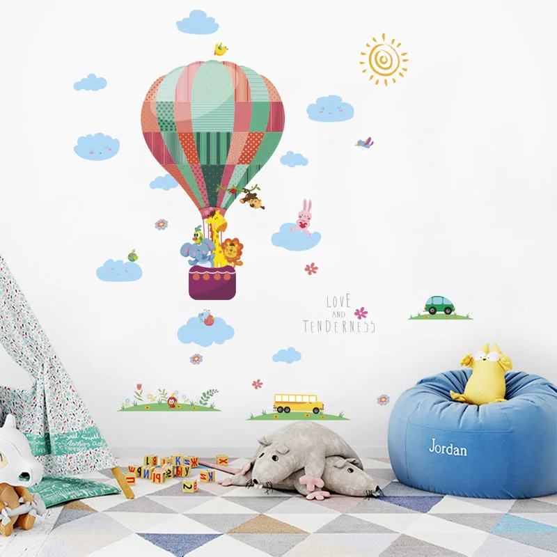 

Grass hot air balloon animals wall sticker for Children's room bedroom background decorations Decals wallpaper nursery stickers