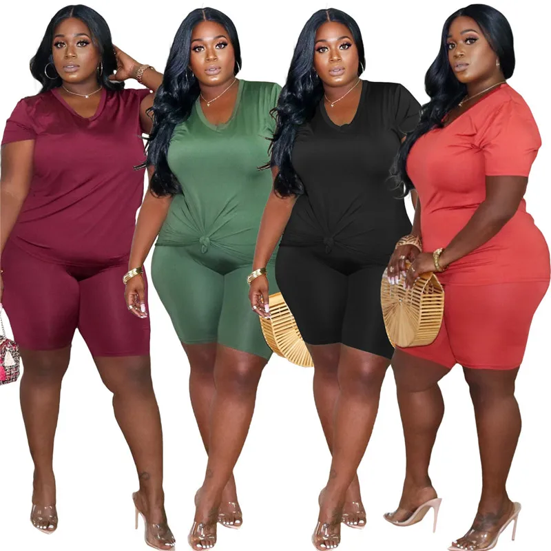 

Plus Size Two Piece Set Women Wholesale Dropshipping Solid Crop Top and Shorts Sets Jogging Suit Summer Tracksuit Matching Set