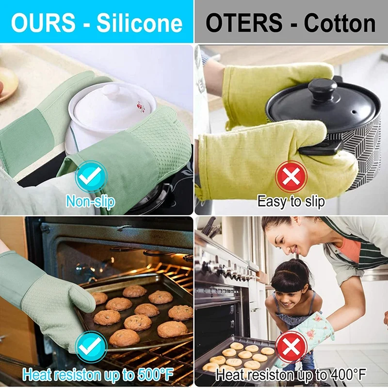 

Oven Mitts,Heat Resistant Pot Holders Non-Slip Silicone Oven Mitt with Soft Inner Lining for Kitchen, Baking, BBQ