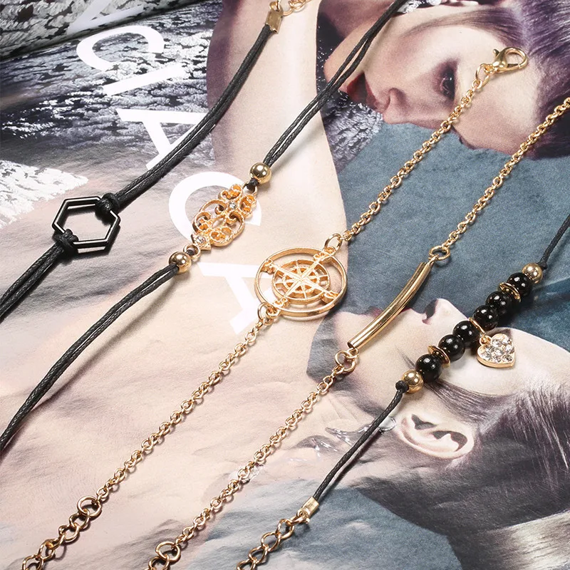 VAGZEB 5 pcs/set Classic Gold Color Heart Compass Multilayer Adjustable Open Bracelet Set Women Fashion Party Jewelry Gifts | Украшения и
