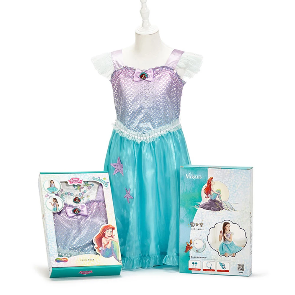 

Disney Mermaid Princess Child Pompong Dress+necklace Summer Set Aisha Girls Prom Dress Birthday Party Costumes Gift Toys