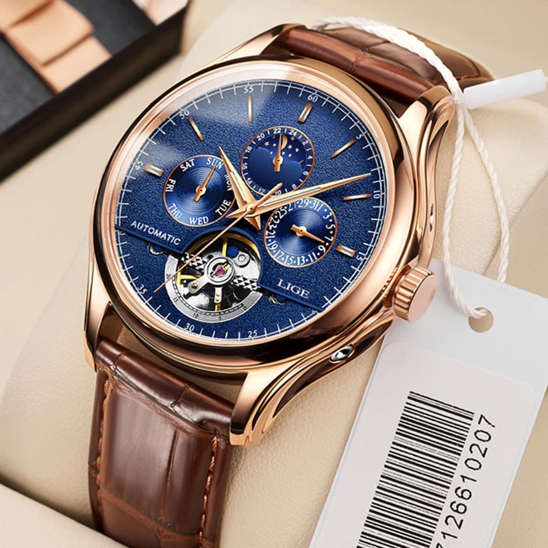 

LIGE Brand Classic Mens Retro Watches Automatic Mechanical Watch Tourbillon Clock Genuine Leather Waterproof Military Wristwatch