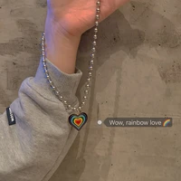 womens girls sweater chain necklace fashione rainbow love round bead pendant jewelry on the neck christmas gift