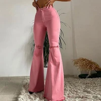 jeans woman 2021 fall high waist pants vintage pink flare jeans blue denim pants fashion bell bottom jeans long trousers cute