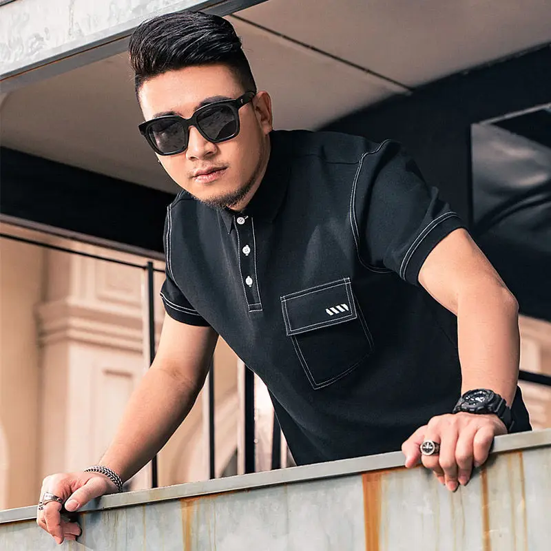 

Large men's 2021 new fat short sleeve polo shirt with loose and versatile casual color contrast line T-shirt