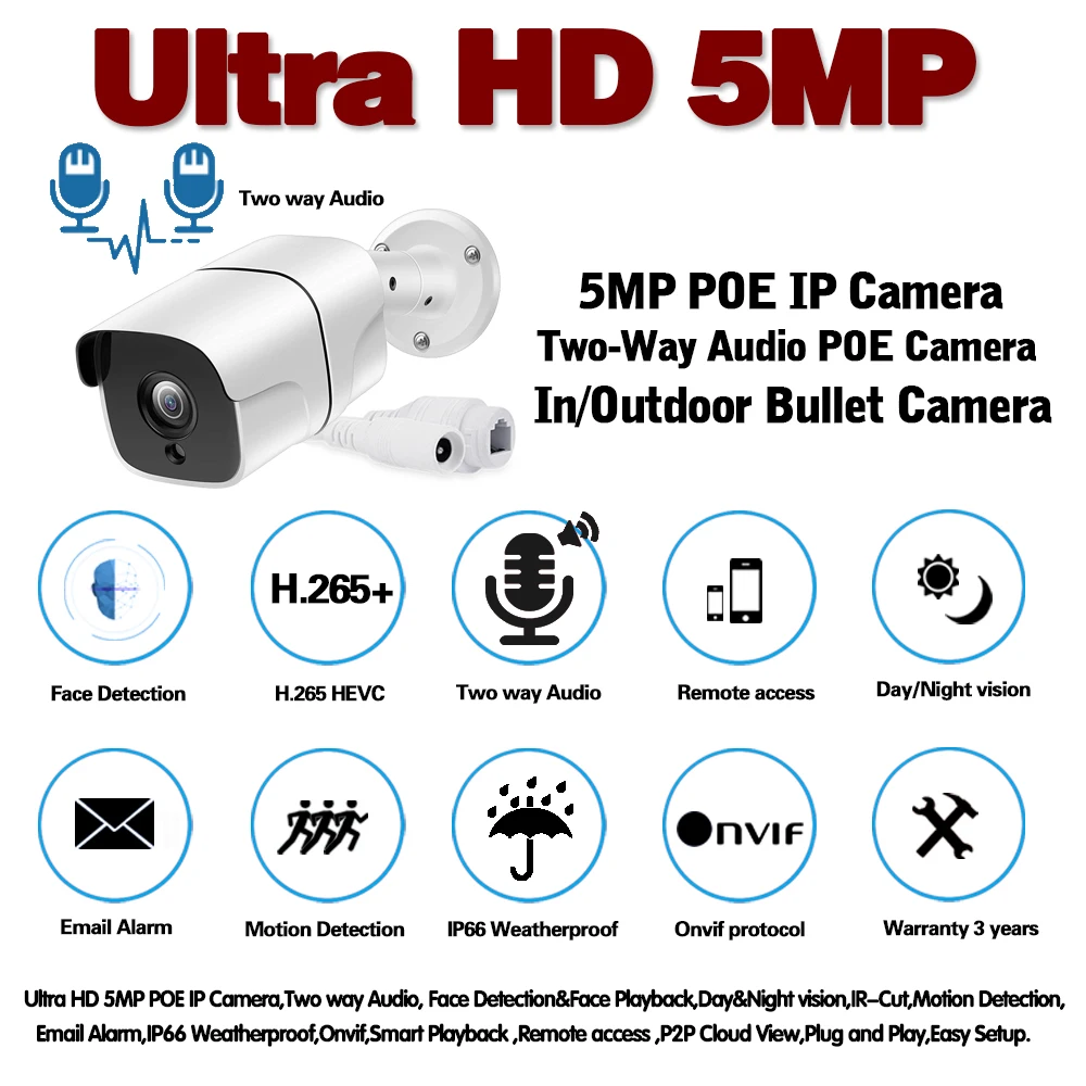 H.265 48V 5MP POE IP камера Аудио запись ночного видения Водонепроницаемая IP66 наружная P2P