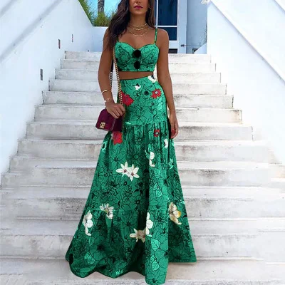 

Spaghetti Strap Crop Top And Maxi Long Skirt Party 2 Piece Sets Floral Print Summer Dresses For Women 2020 Two Piece Skirt Set