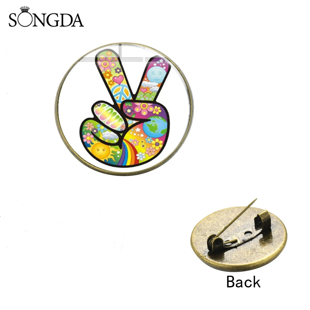 Хиппи победу в знак брошь модная ОК жест &quotВеселые печатается стекла круглые