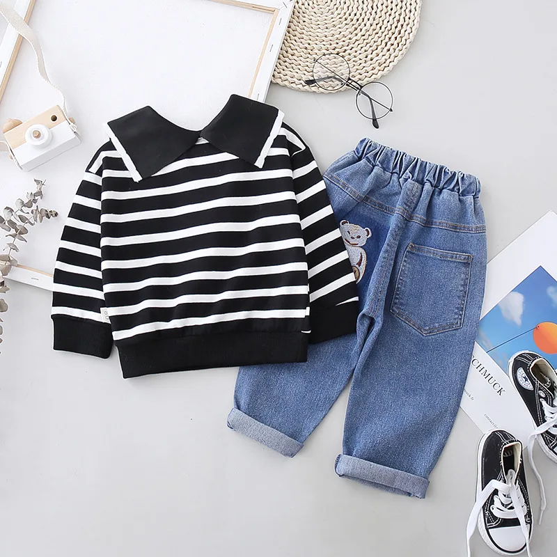 

2021 Spring Baby Boys Girls Clothing Sets Toddler Infant Stripe Lapel Coats + Jeans Children Kids Casual Costume Girls Outfits