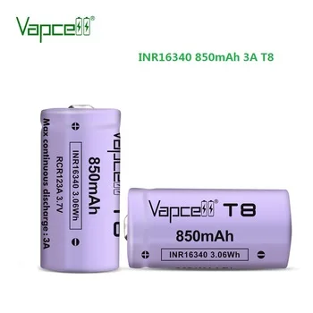 Vapcell Original 16340 850mah 3A T8 3.7V li ion battery rechargeable button top batteries for flashlight power tools HKJ test |