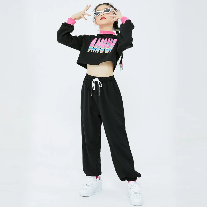 

2021 Kids Hip Hop Practice Clothes Long Sleeve Black Sweatshirt Pants Girls Jazz Dancewear Modern Ballroom Dancing Costume