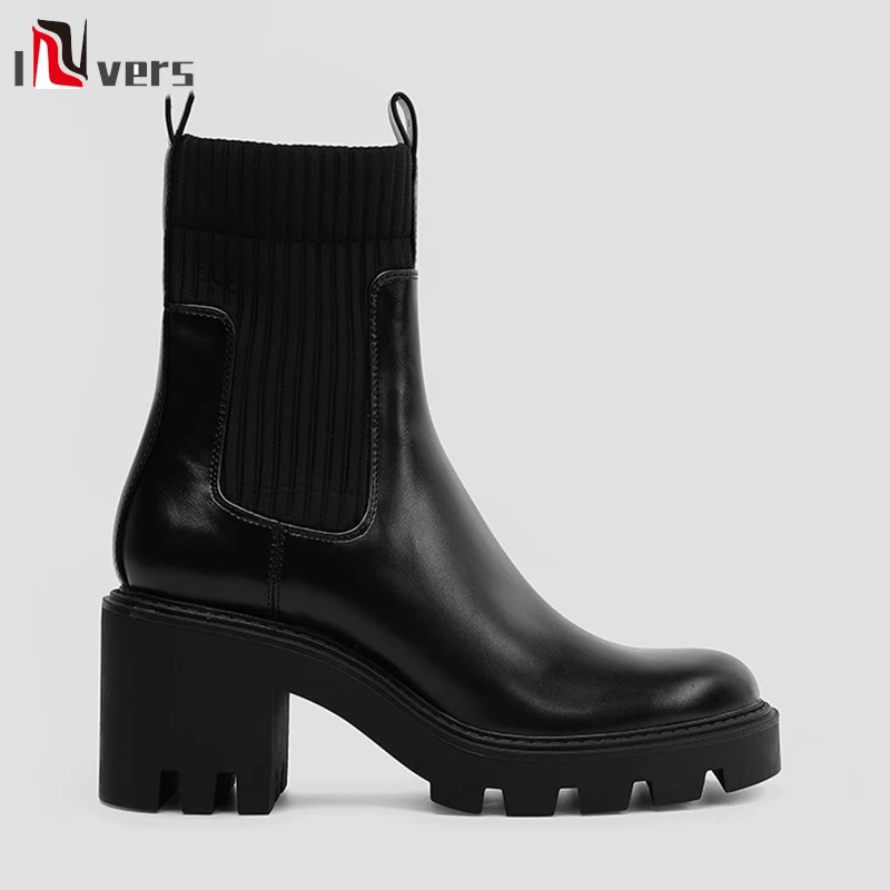 

2020 New Style Martin Boots Women Thick-Soled Knitted Thin Socks Boots British Style Thick Heel High Heel Women's Shoes Mid-Calf
