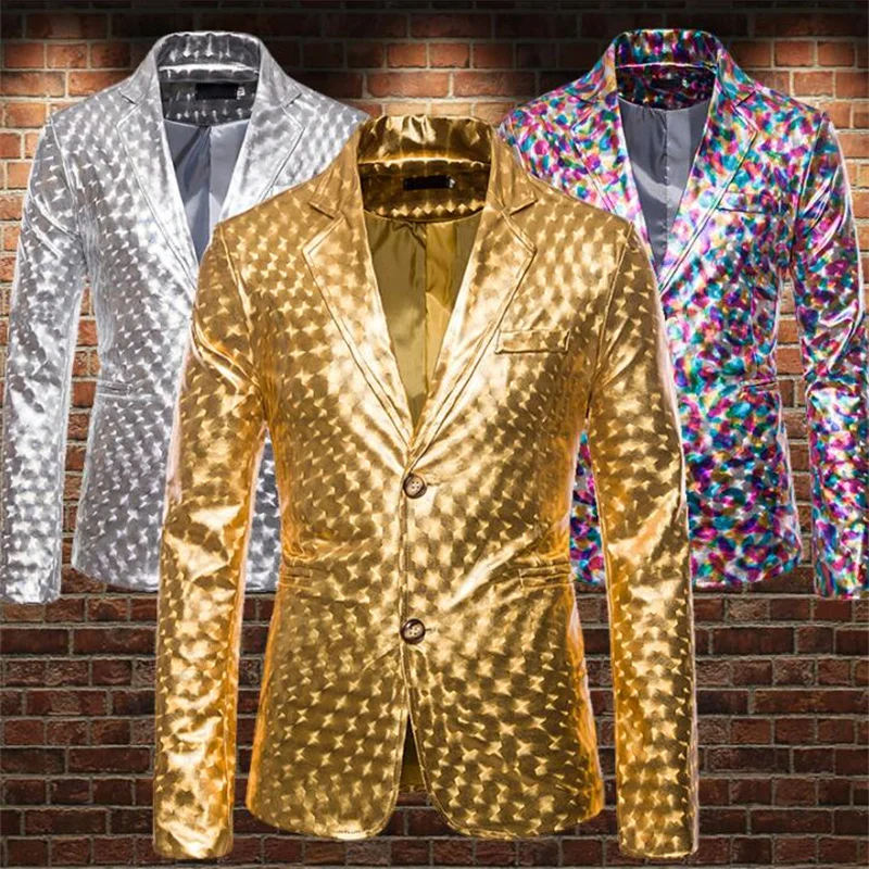 Laser laser bright surface blazer men suits designs gold jacket mens stage silver singers clothes dance star style dress B452