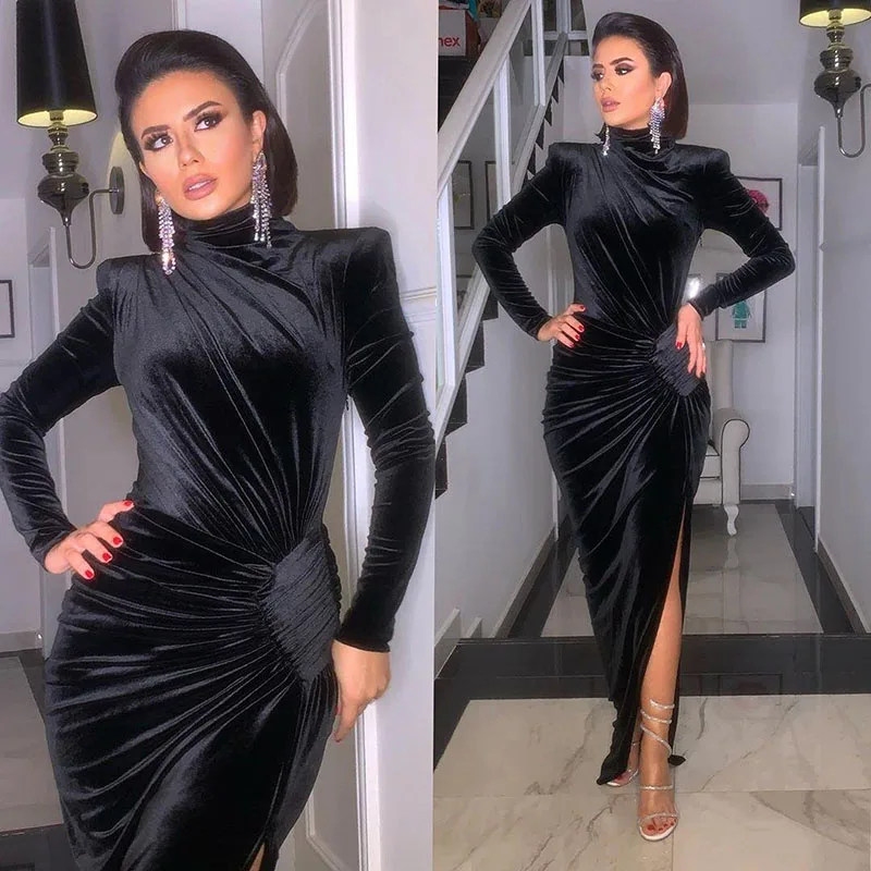 

Velvet Women Dress Pulse Size Elegant Slim Irregular Split Robe 2021 Spring Women's Fashion Party Night Sexy Dresses Vestidos