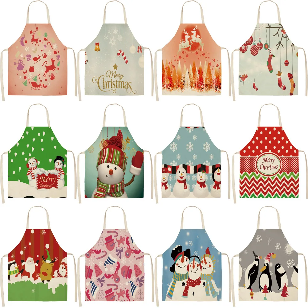 

High Quality Christmas Apron Fabric linen printed bodice overalls apron Home Cooking Baking Bibs Cleaning Tools
