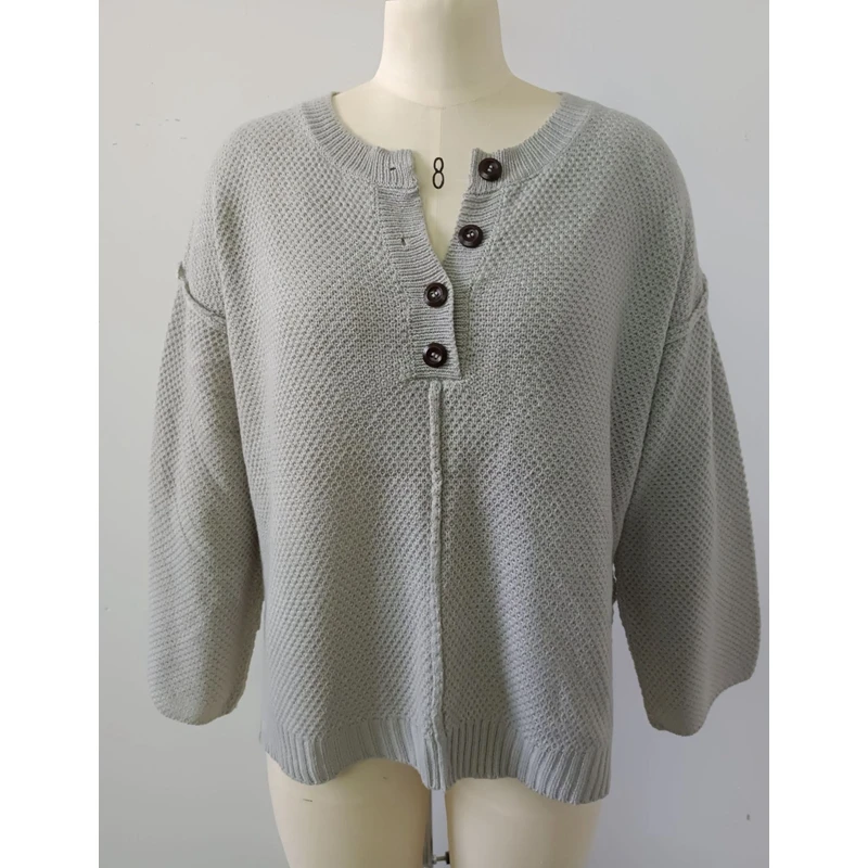 

Mandylandy Sweater Summer Long Sleeve Single Breasted Loose Pullover Sweater Women's Casual V-neck Solid Color Stitching Sweater