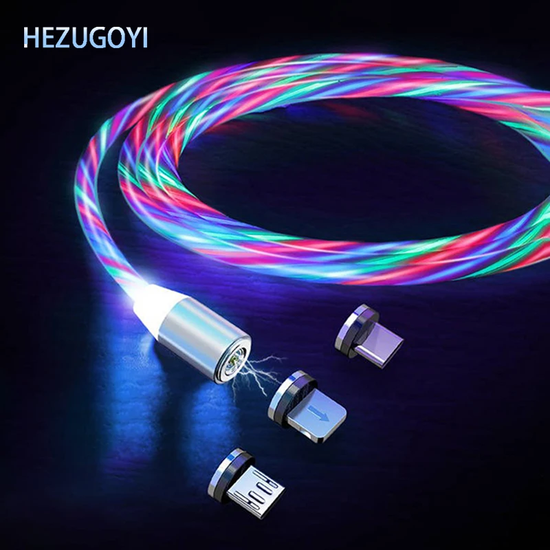 

Magnetic Cable LED Streamer Micro USB Type C Fast Charging For iPhone 12 Pro X Xiaomi Huawei Mobile Phone Glow Flowing Wire Cord