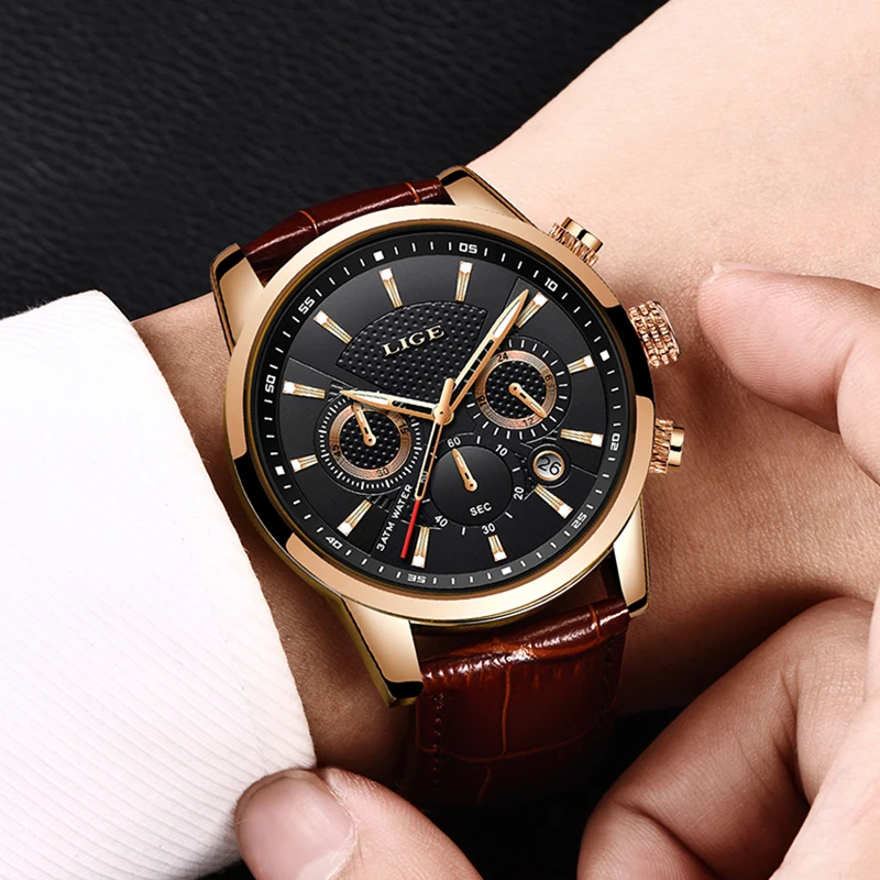 Mens Watches LIGE Fashion Waterproof Chronograph Top Brand Luxury Quartz Watch Men Casual Leather Sport Relogio Masculino | Наручные часы