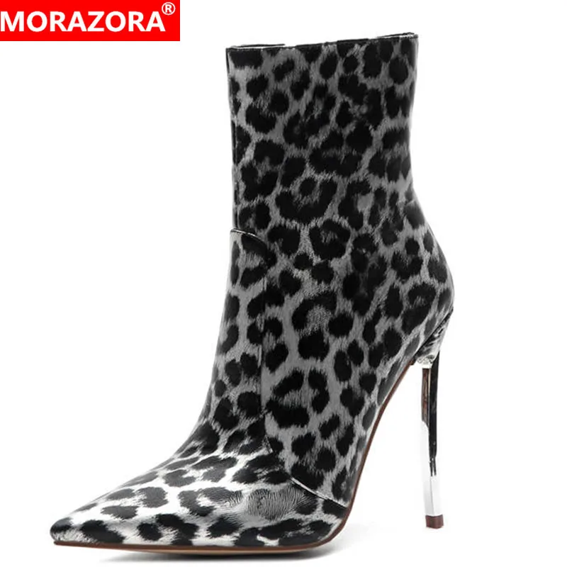 Женские ботильоны на молнии MORAZORA леопардовые полусапожки с острым носком