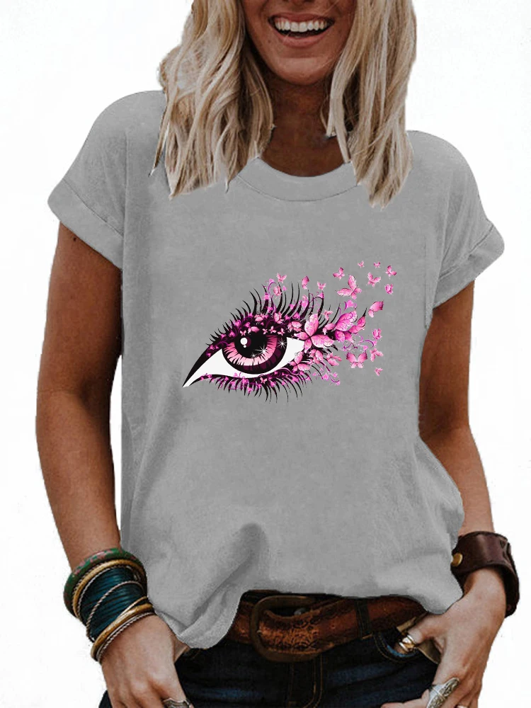 

Summer Women's New Fashion Casual Round Neck Short Sleeve Shirt Flowers Eye Printed T-shirt Tops Loose Blouse