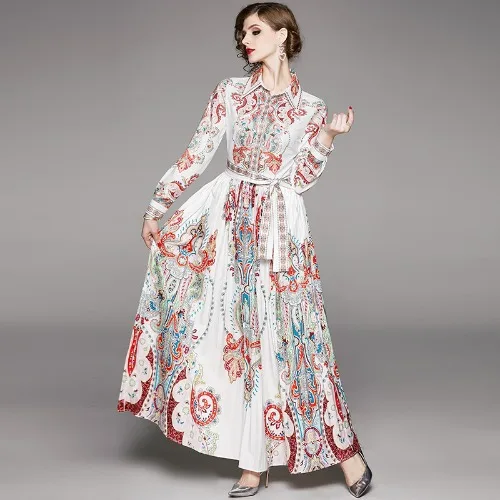 

Luxury Fashion Runway Autumn Belted Dresses Women Long Sleeve Elegant Vacation Holiday Printed Vintage Pleated Long Shirt Dress