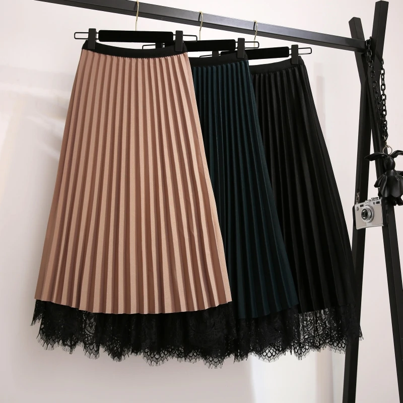 

Black Lace Long Pleated Skirts Female Korean Vintage Women'S Pencil Skirts Woman Clothes Lady Trendy 2020 Harajuku Spring D0215