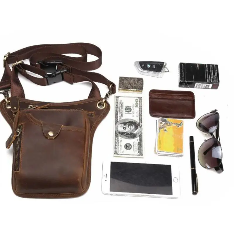Men Motorcycle Rider Leather Drop Leg Bag Tactical Military Belt Waist Fanny Pack