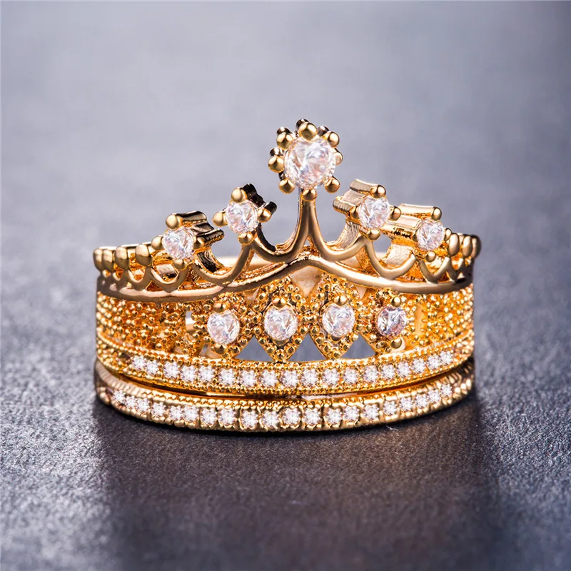 

2022 New Luxury Crown Rose Gold Silver Color Wedding Ring Set For Women Lady Anniversary Gift Jewelry Bulk Sell R5860