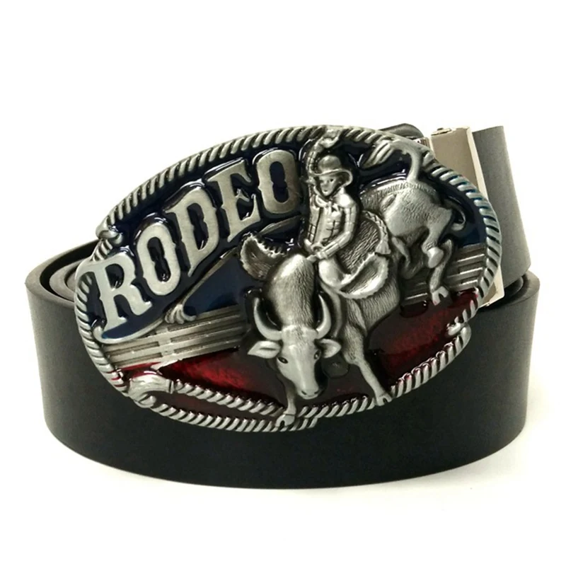 Black PU Leather Casual Mens Belts with Rodeo Cowboy Bull Rider Riding Metal Buckle Red Enamel Cool Western Male Accessories