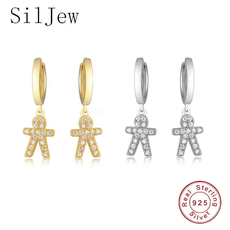

SilJew Women Authentic Fashion 925 Sterling Silver Cute Boy Dangle Hoop Earrings Girls Cartoon Earrings Jewelry Gift Oorbellen