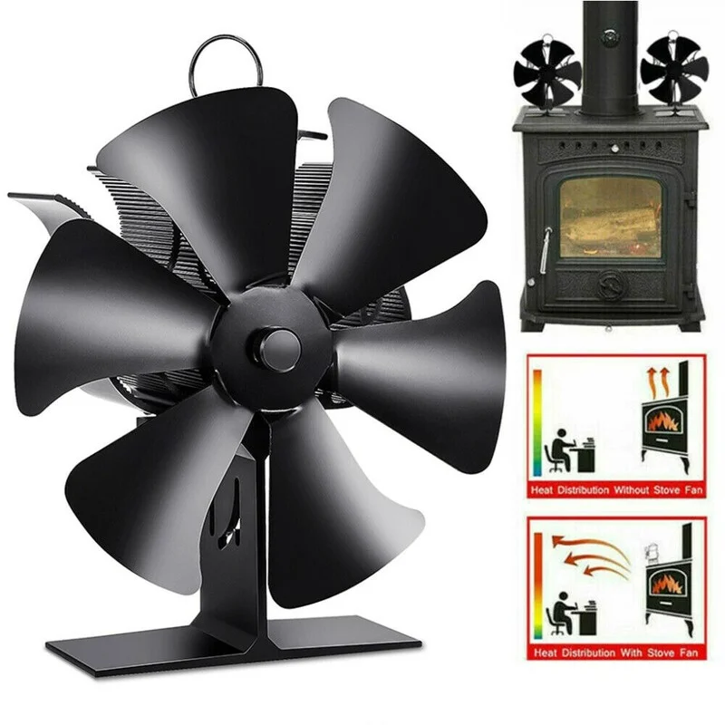 6 Blades Electricityless Blower Stove Fan Black Fireplace Heat Powered Stove Fan Log Wood Burner Quiet Home Heat Distribut