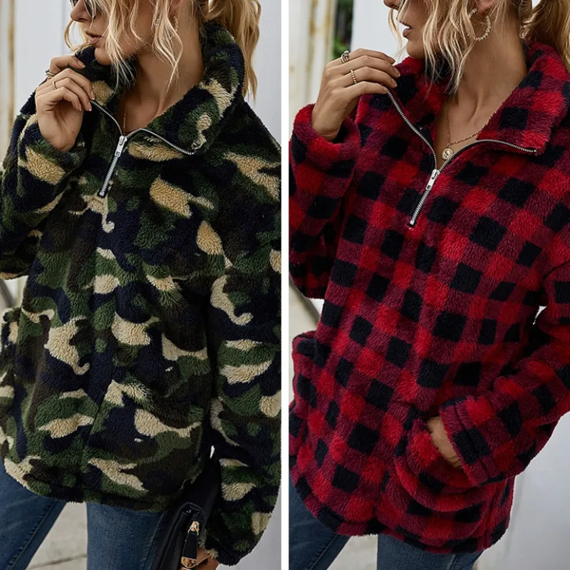 

Women Sweatshirt Long-Sleeve Hoodies Winter Fleece Red Plaid Jacket Camouflage Printed Sweatshirt Pockets Pullover Tops