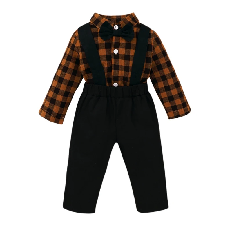 

Fashion Boys Long Sleeve Cotton Plaid Print Long Sleeve Top Two Piece Solid Color Suspenders