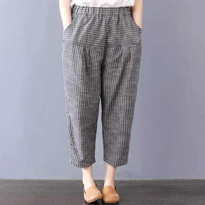 Johnature Ankle-length Pants Leisure Women Clothes New Autumn Harem Pants Loose Elastic Waist Trousers Casual Striped Pants