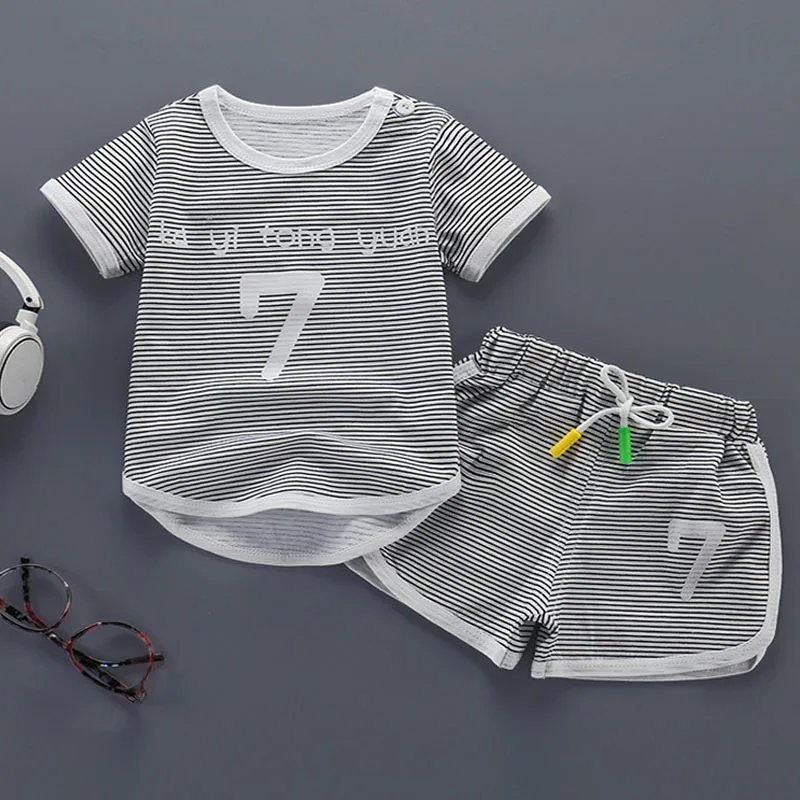kids wear summer short-sleeved T-shirt beach pants two-piece striped plaid fashion sports suit hot sale child quality clothing | Детская