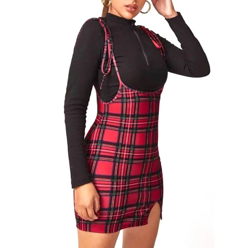 

Женская модная Рождественская клетчатая юбка на бретельках, Женская стрейчевая уличная юбка с высокой талией, короткая вечерняя мини-юбка ...