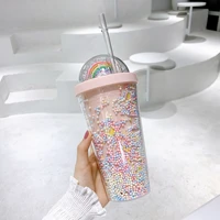 plastic cup double layer with straw water cup girls home office breakfast milk juice cup rainbow foam foam straw cup