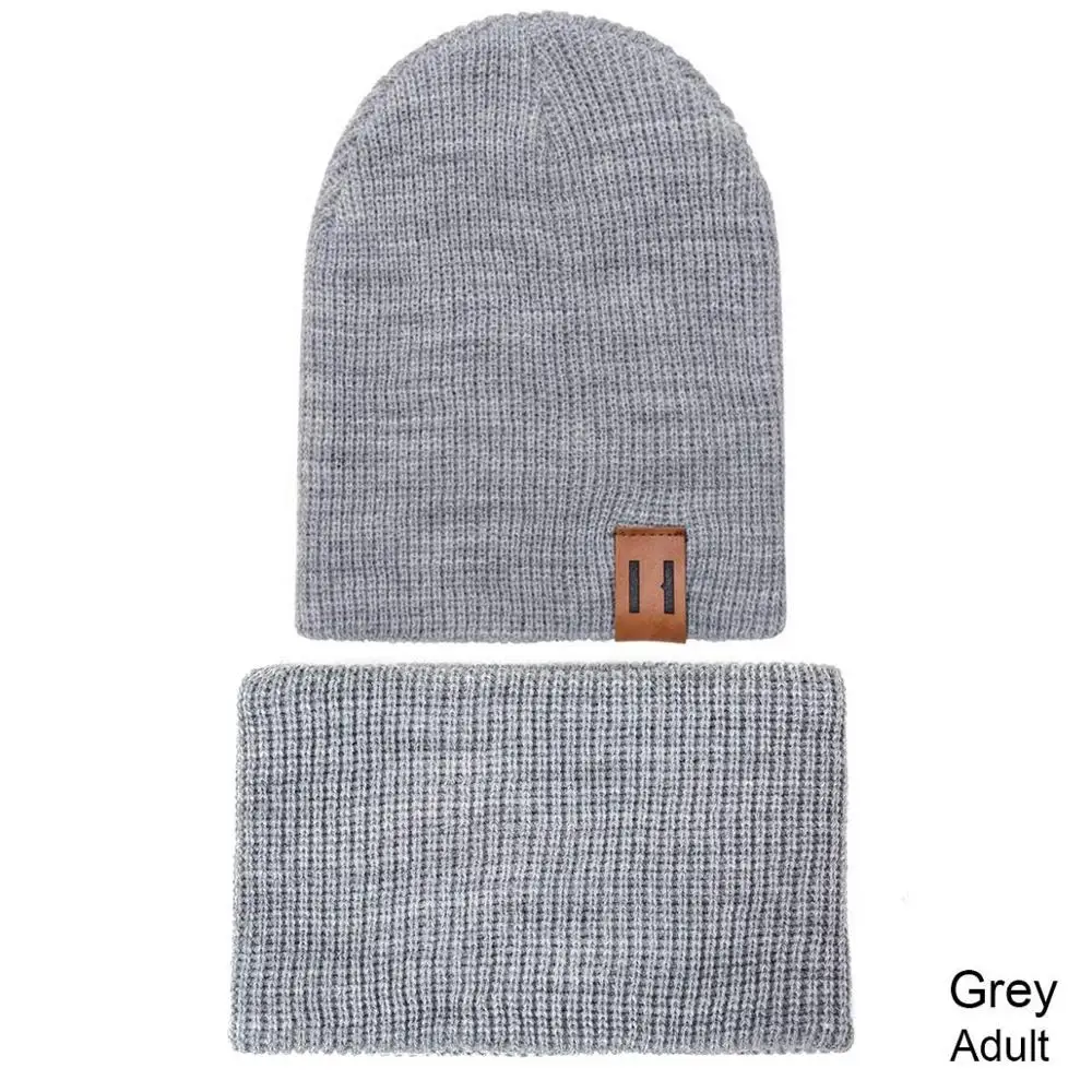 grey Adult Модная женская шапка и шарф для детей, вязаная зимняя шапка, шарф для детей, колпачок, девочка-мальчик, одноцветные шапки с логотипом - Цвет: grey Adult